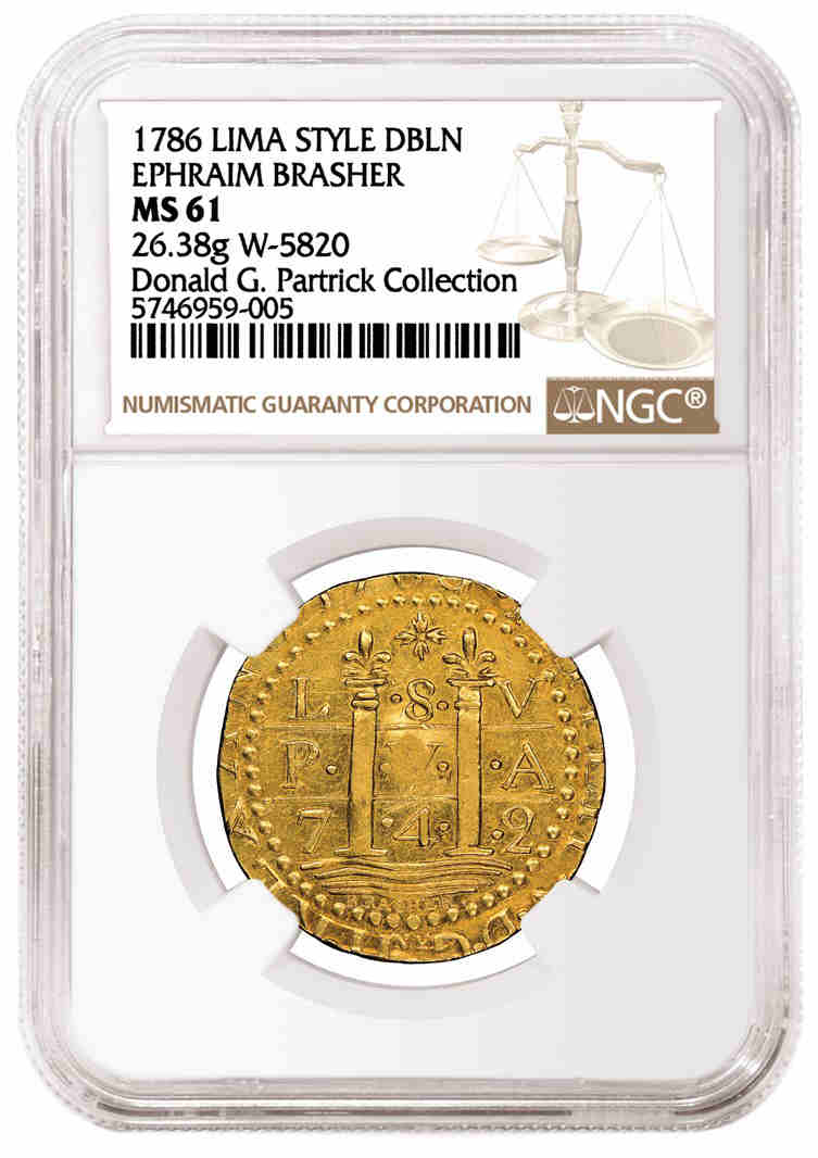 1786年利马样式布拉瑟达布伦金币，评级为NGC MS 61