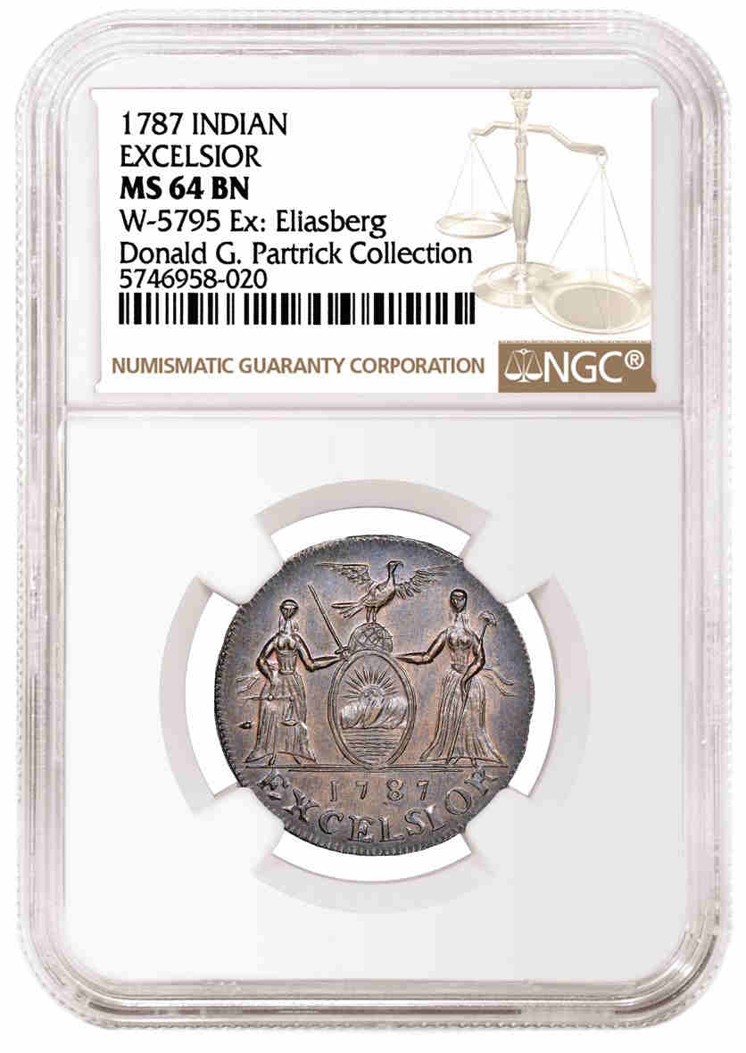 1787年“Excelsior”印第安人铜币，评级为NGC MS 64 BN