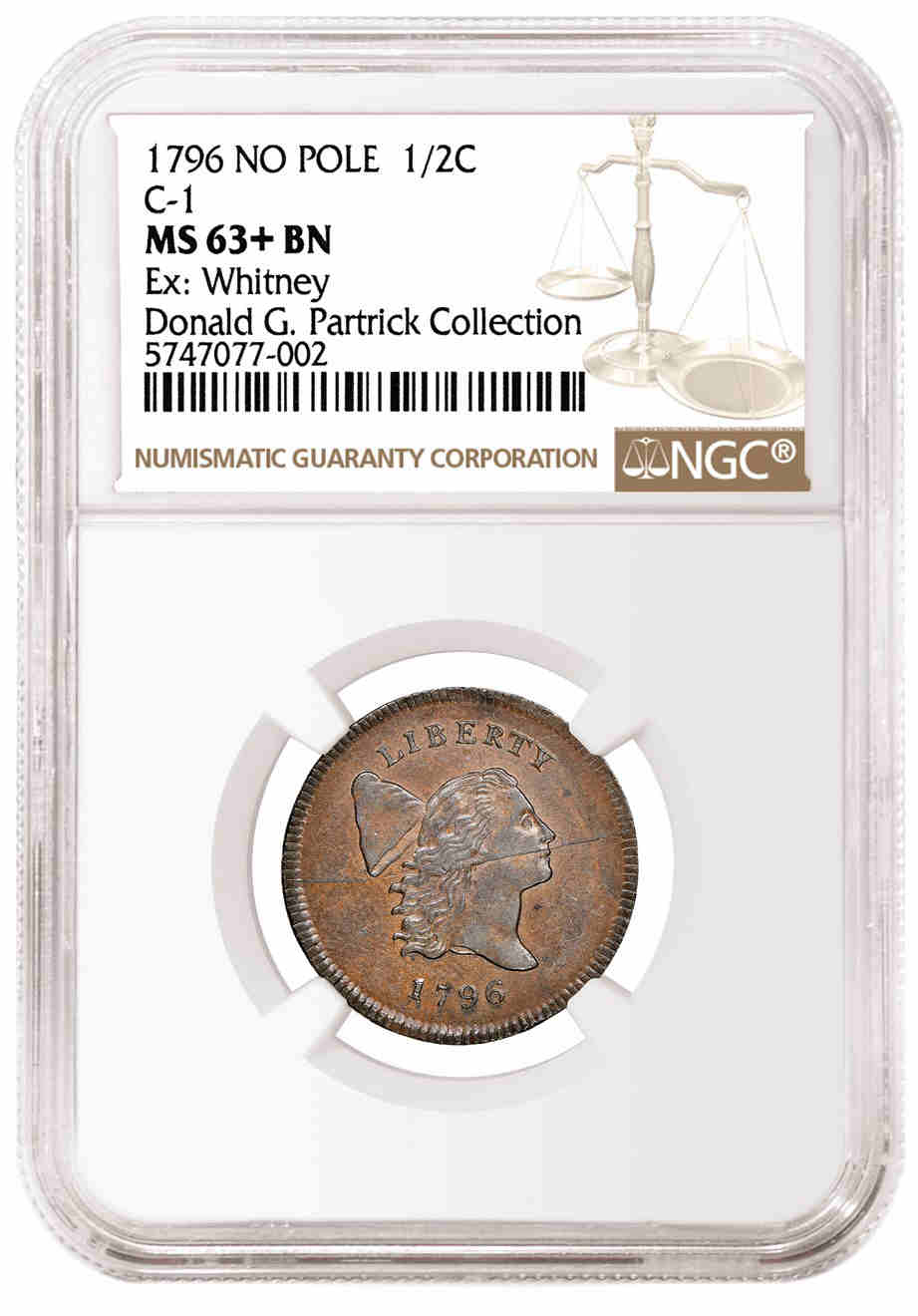 1796年无杆版半美分，评级为NGC MS 63+ BN