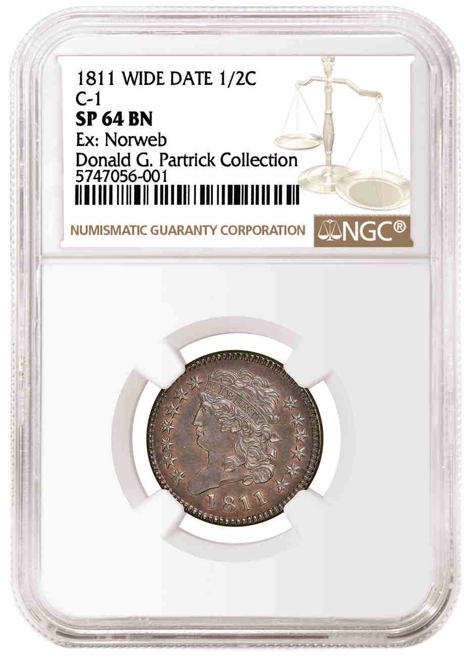 1811年宽年号版半美分，评级为NGC SP 64 BN