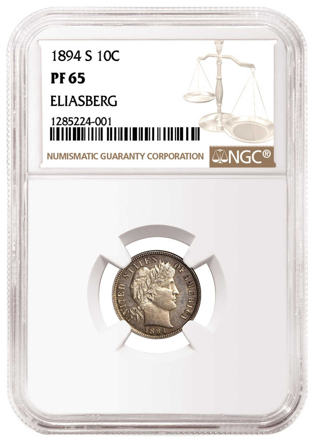 1894年S厂巴伯10美分，评级为NGC PF 65