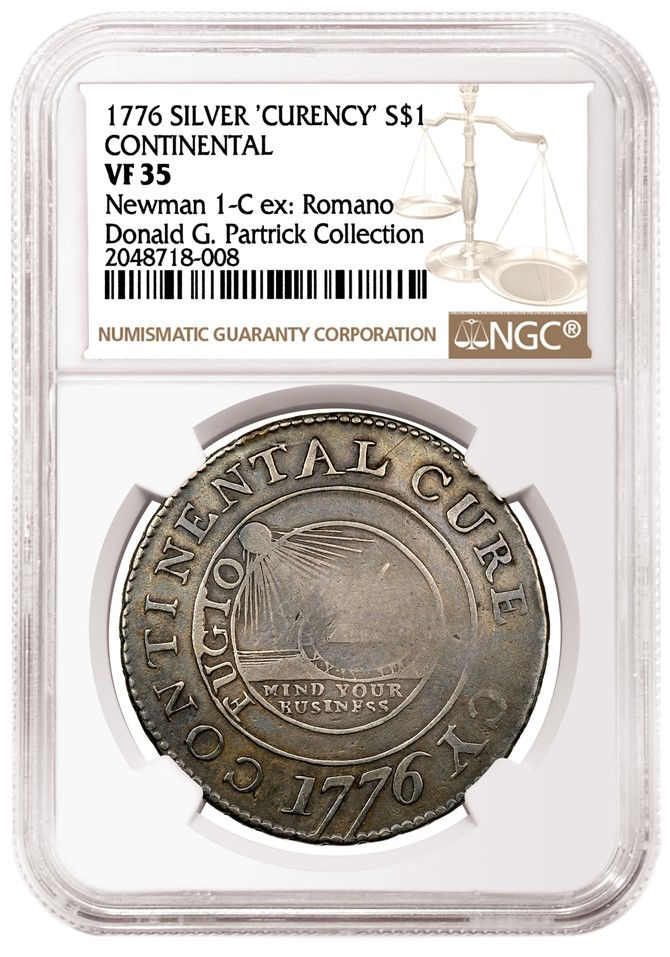 1776年银质大陆币，评级等级为NGC VF 35，系谱为罗马诺和帕特里克收藏