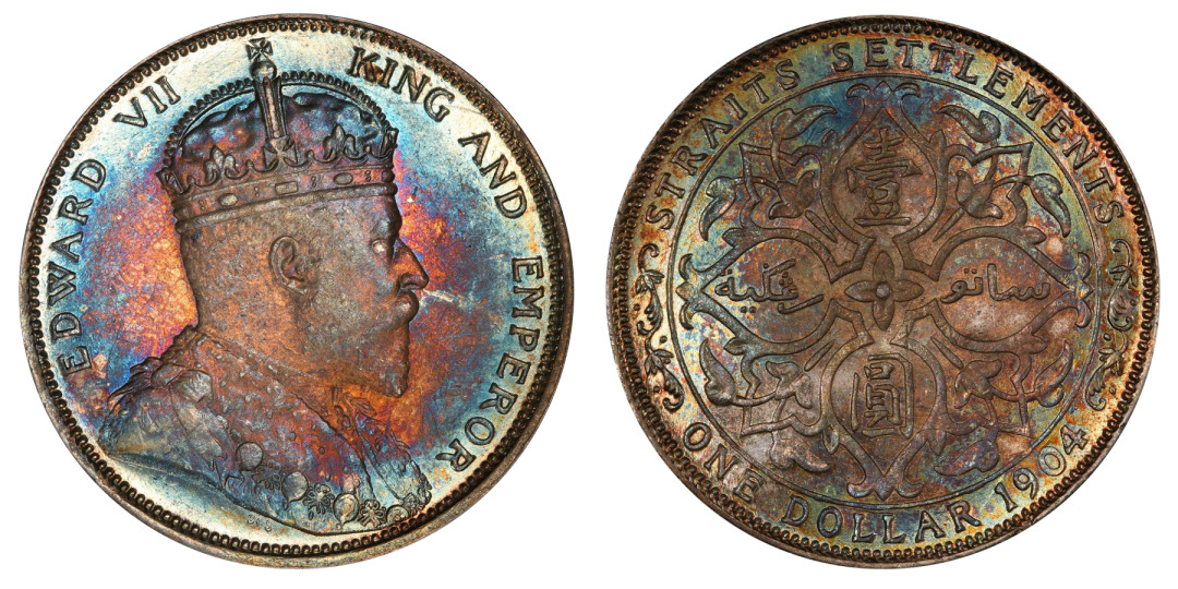 Magnificently Toned Edward VII Straits Dollar, STRAITS SETTLEMENTS. Crown Colony. Dollar, 1904-B. Bombay Mint. Edward VII. 评级等级为 PCGS MS-64.