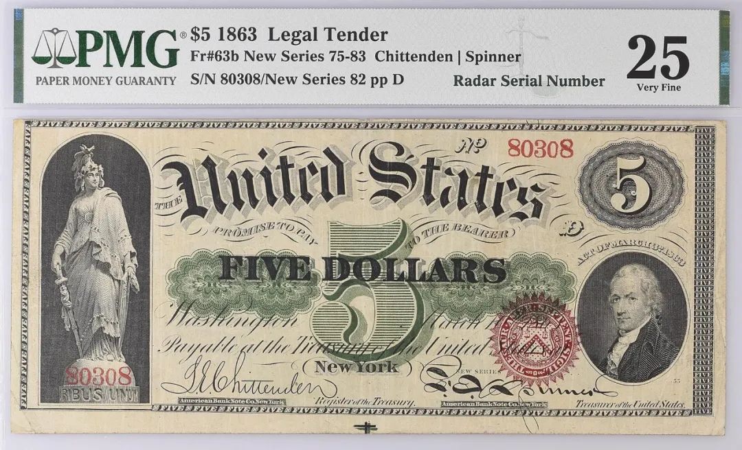 美国 1863 5美元法定货币 75-83 chittenden 纸钞 评价等级为 PMG25