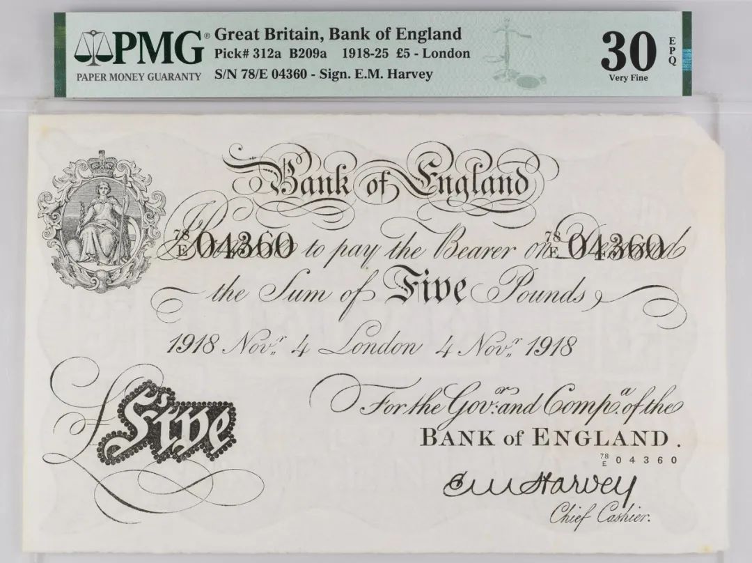 英国 1918-25 5英镑伦敦 签名 E.M.Harvey 纸钞 评级等级为 PMG30EPQ