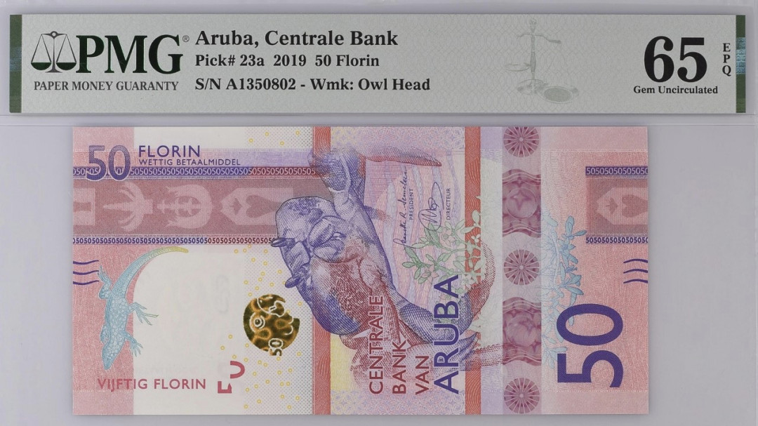 阿鲁巴岛（Aruba） 2019 50弗罗林（florin）纸钞 评级等级 PMG65EPQ