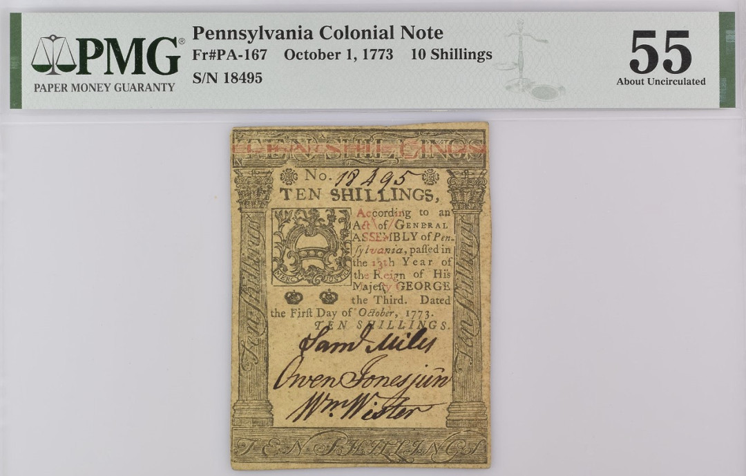 宾夕法尼亚(Pennsylvania) 殖民地(Colonial) 10.1.1773 10 shillings（先令）纸币 评级等级 PMG55