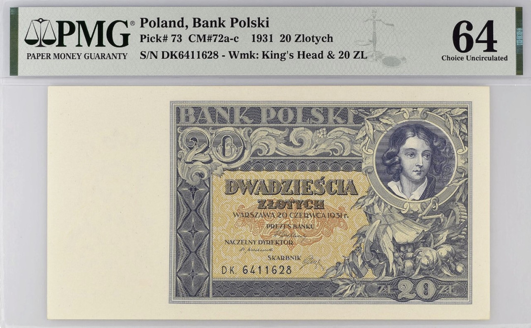 波兰 1931 20波兰兹罗提（Zlotych）纸币 评级等级 PMG64