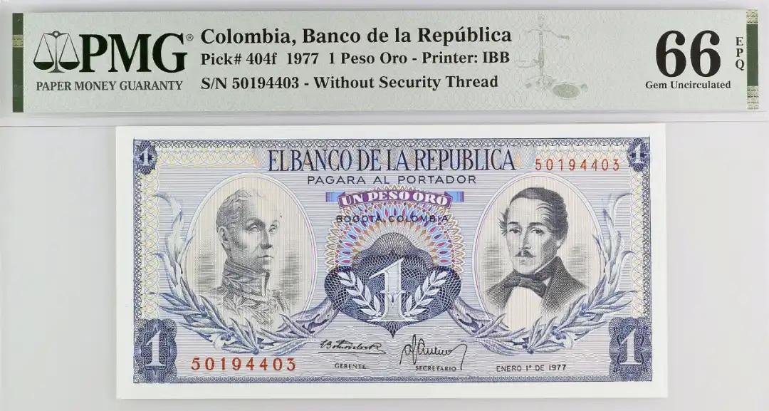 哥伦比亚共和国 1977 1比索（Peso Oro）纸钞 评级等级 PMG66EPQ