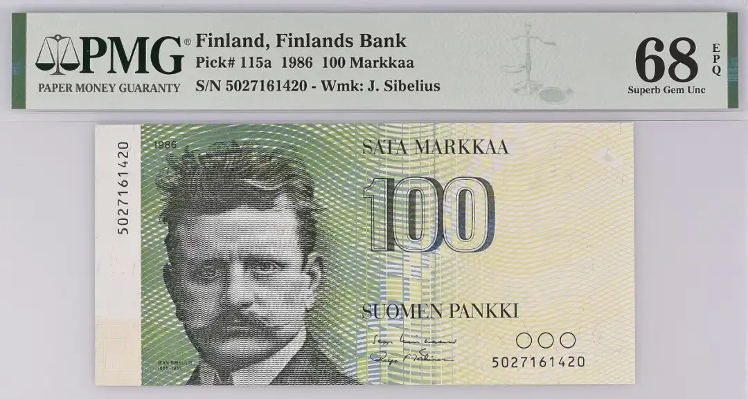 芬兰 1986 100markkaa（芬兰马克）纸币 评级等级 PMG68EPQ