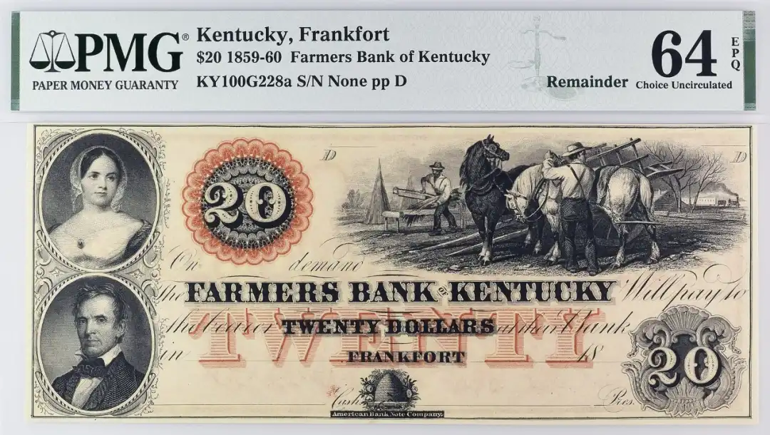 Kentucky,Frankfort 肯塔基州农场主银行 1859-60 20美元纸币 评级等级 PMG64EPQ