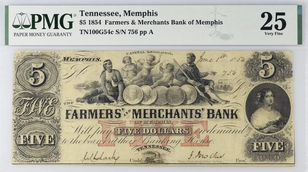 美国田纳西州 1854 5美元纸币 孟菲斯农商银行 评级等级 PMG25