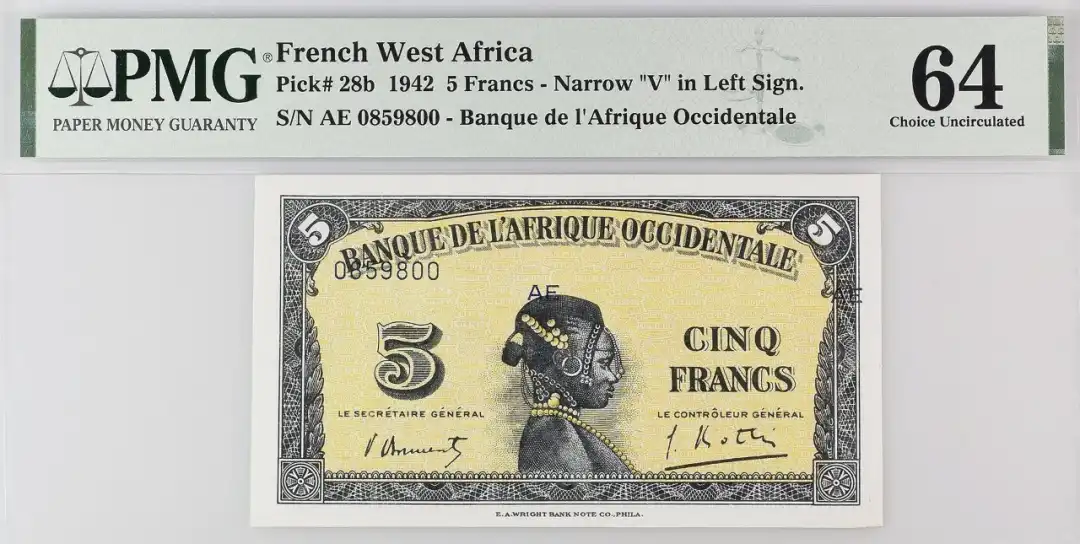 法属西非 1942 5法郎纸币 Narrow V in Left Sign 评级等级 PMG64