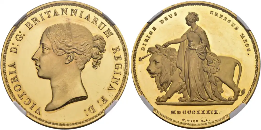 英国1839年“尤娜与狮子”5索维林金币 评级等级 NGC PF 60 ULTRA CAMEO