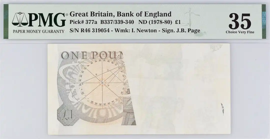英国 nd1978-80 1英镑纸币 印刷错币 评级等级 PMG35