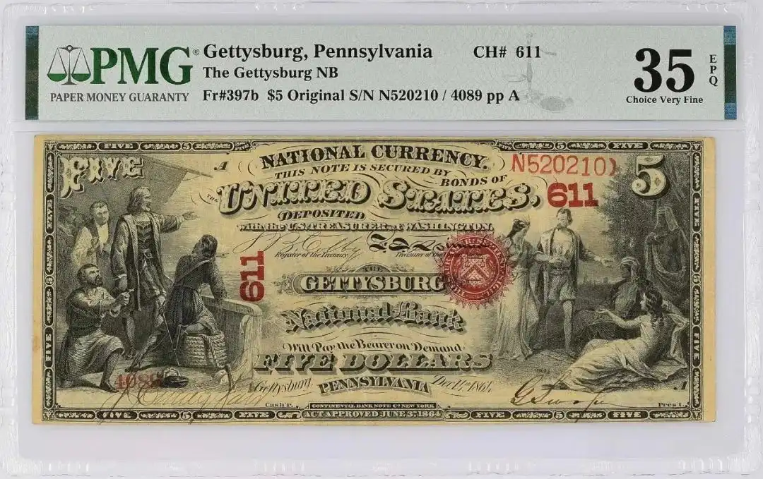 美国葛底斯堡，宾夕法尼亚 The Gettysburg NB 5美元纸币 评级等级 PMG35EPQ