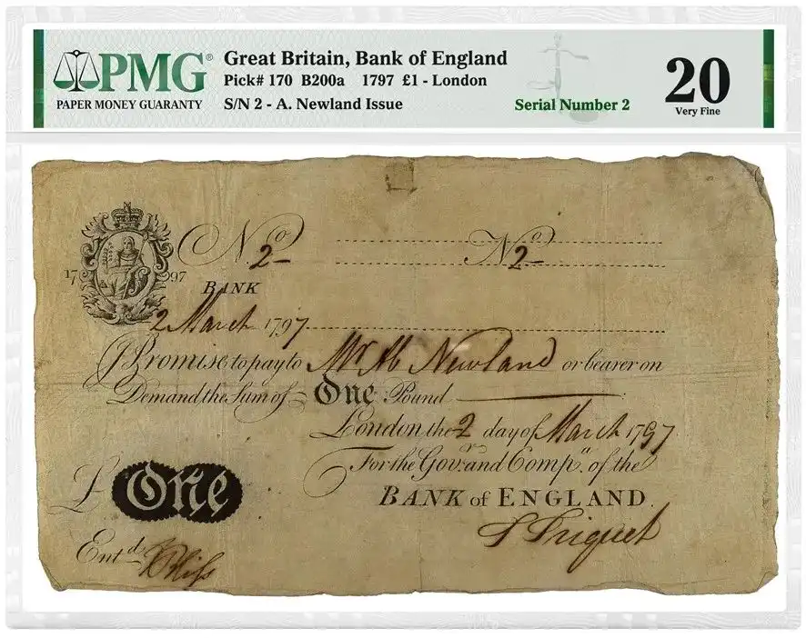英国1797年1英镑纸币 评级等级 PMG20