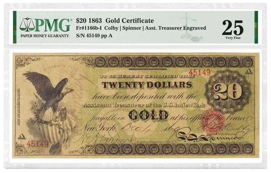 美国1863年20美元金币券 评级等级 PMG25