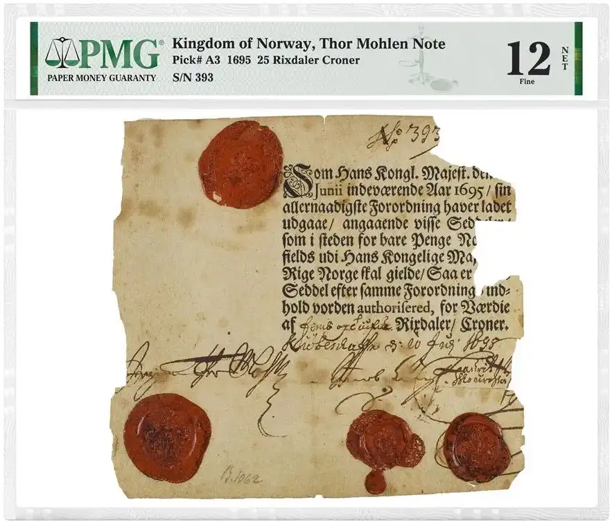 挪威1695年25 Rixdaler/克朗纸币 评级等级 PMG12